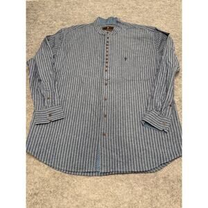 Celtic Ranchwear Shirt L Blue White Stripe Band Collar Button Cotton Linen